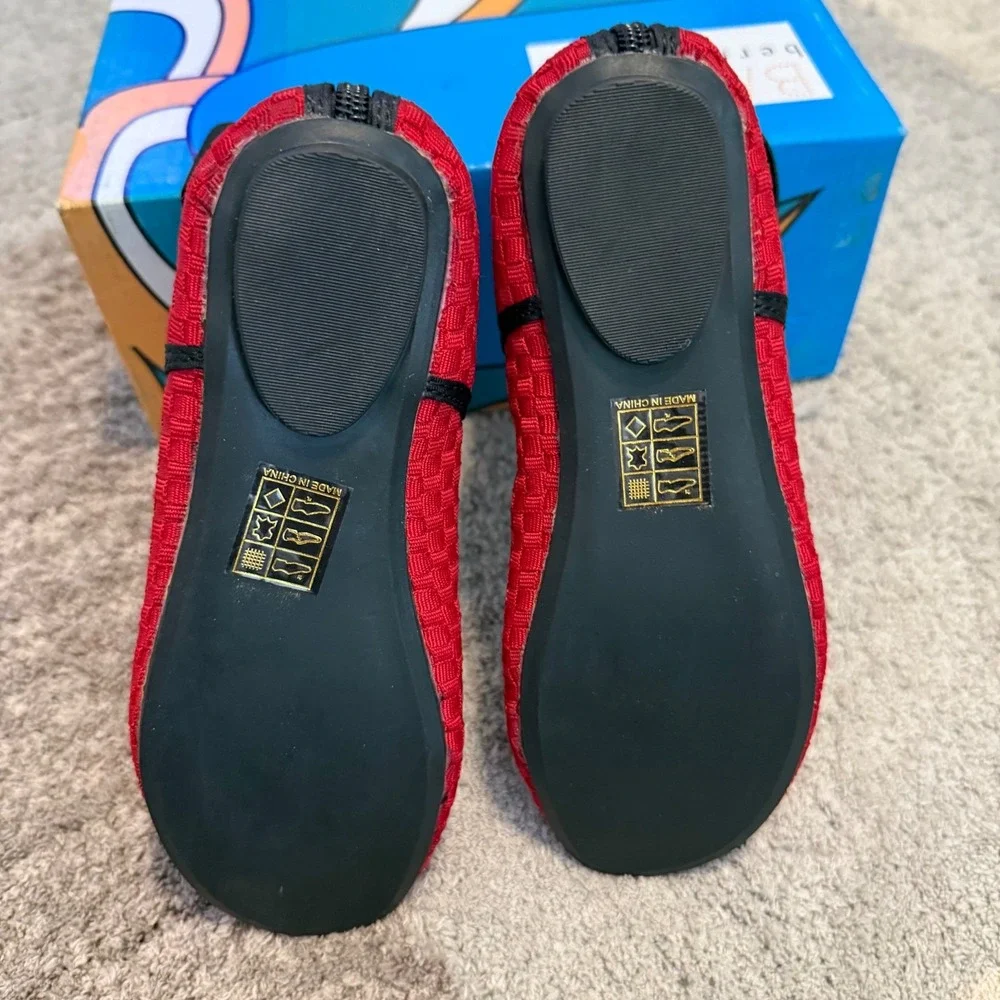 Bernie Mev Kids Red Woven Ballet Flats Black Elastic Ankle Strap Back Zip Kids 1
